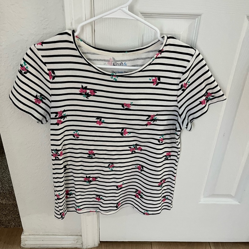 Croft & Barrow Floral Striped Tee - Black, White, Pink